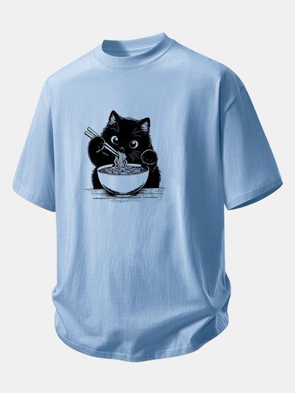 Relax Fit Black Cat Ramen Print Cotton T-Shirt