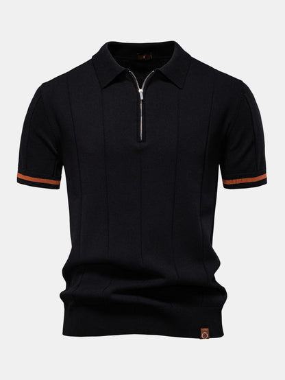 Contrast Trim Zipper Knit Polo Shirt & Elastic Waist Chino Shorts