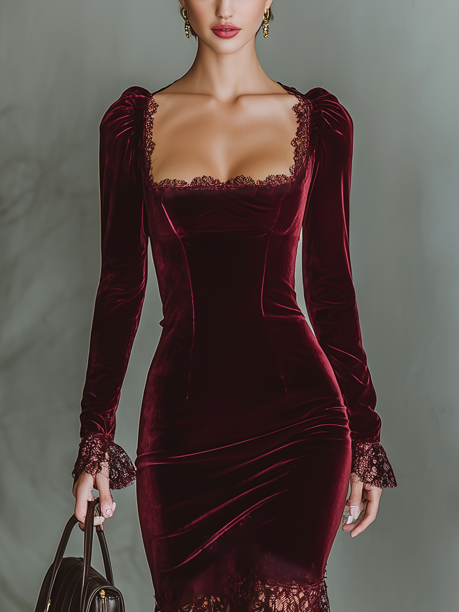 Burgundy Velvet Lace Fitted Maxi Dress