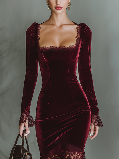 Burgundy Velvet Lace Fitted Maxi Dress