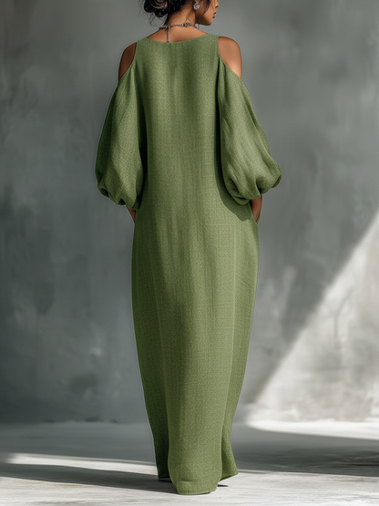 Light Green Cold-Shoulder Puff Sleeve Maxi Dress