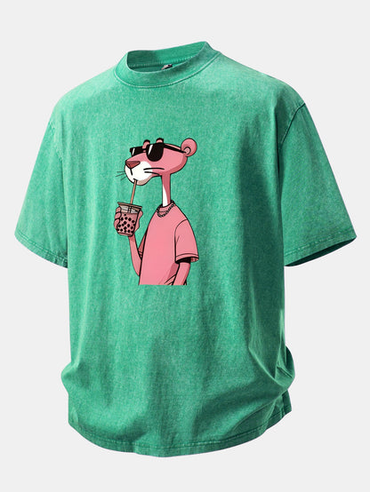 Pink Panther Print Washed Distressed Drop Shoulder T-Shirt