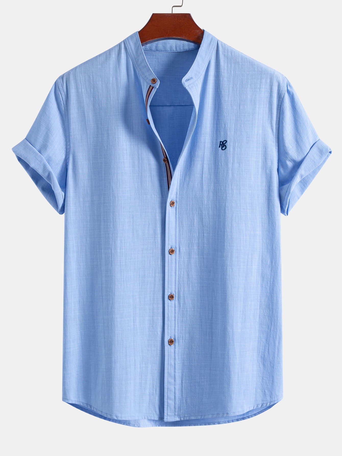 Short Sleeve Linen Look Stand Collar Shirt & Crinkle Textured Drawstring 5" Shorts