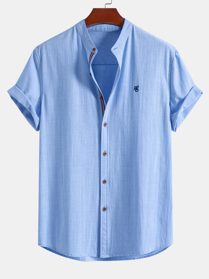 Short Sleeve Linen Look Stand Collar Shirt & Crinkle Textured Drawstring 5" Shorts