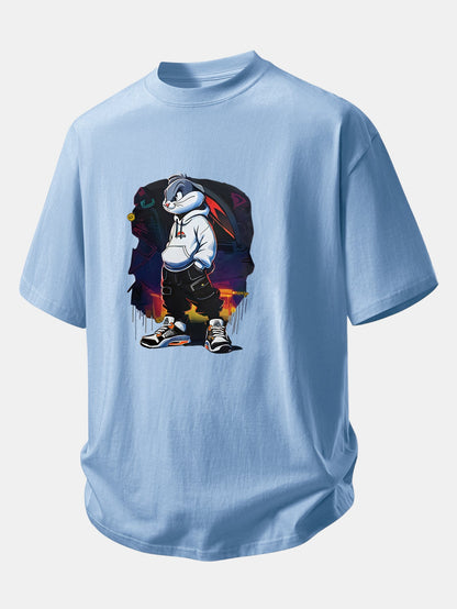 Relax Fit Cartoon Rabbit Print Cotton T-Shirt