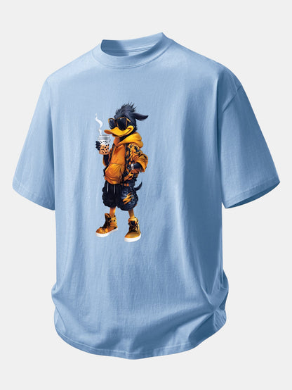 Relax Fit Cartoon Duck Print Cotton T-Shirt