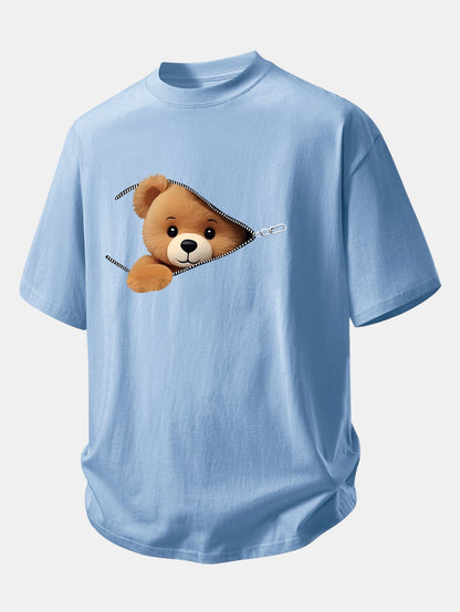 Relax Fit Zipper Bear Print Cotton T-Shirt