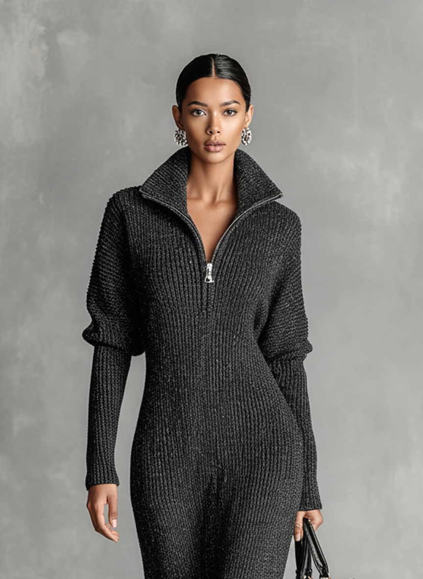 Solid Colour Zipper Neck Knitted Maxi Dress
