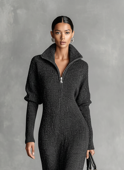 Solid Colour Zipper Neck Knitted Maxi Dress