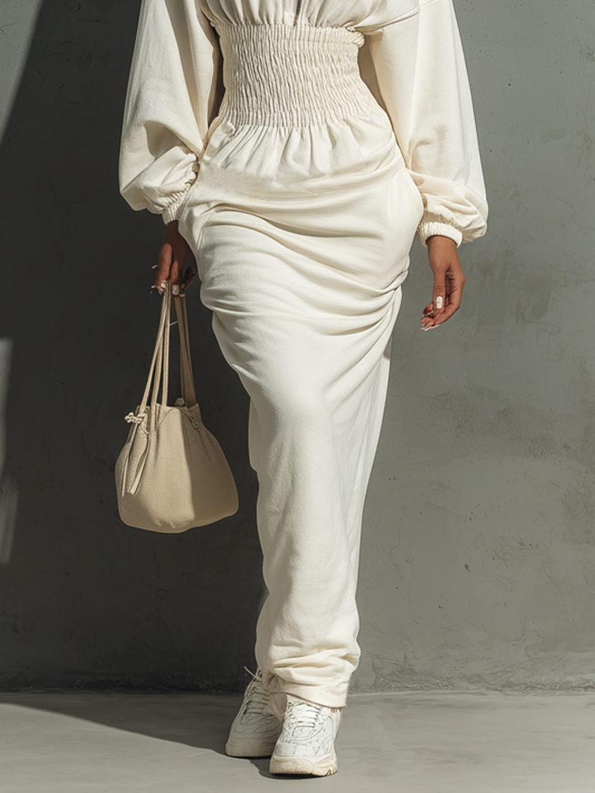 Waist Shirring Hooded Sweatshirt Maxi Dress