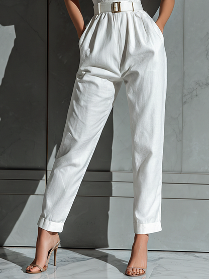Ivory Cotton-Linen Cinched Waist Wide-Leg Jumpsuit