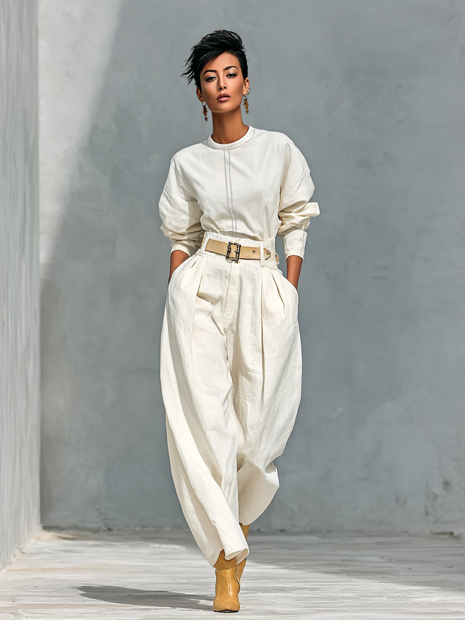 Cotton-Linen Crew Neck Long Sleeve Shirt & Loose Trousers Set