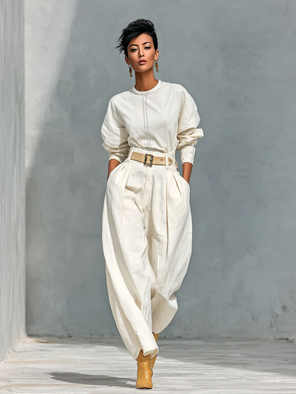 Cotton-Linen Crew Neck Long Sleeve Shirt & Loose Trousers Set