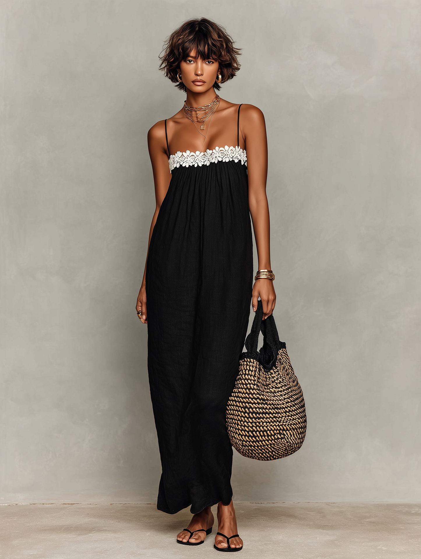 Linen Blend Lace Panel Spaghetti Strap Maxi Dress