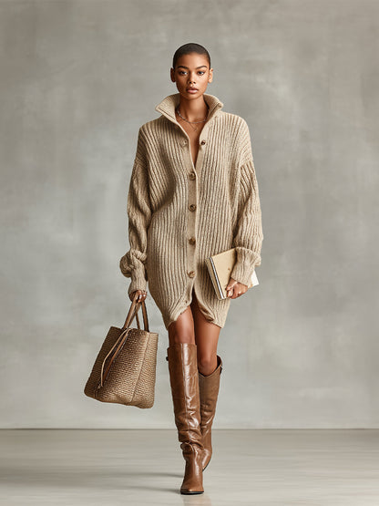 Camel Button-Front Oversized Mini Cardigan Dress
