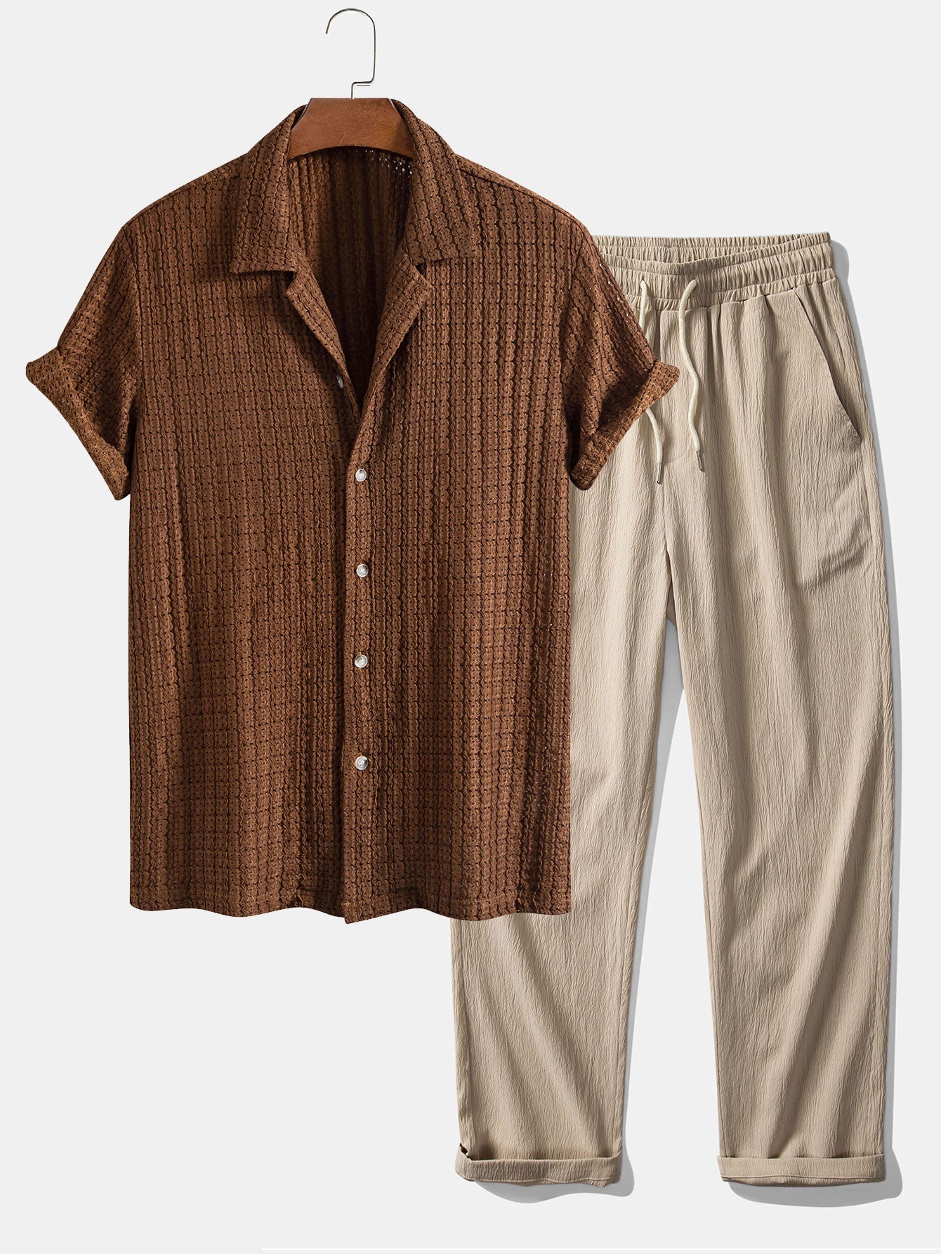 Texture Jacquard Cuban Shirt & Crinkle Textured Straight Leg Pants