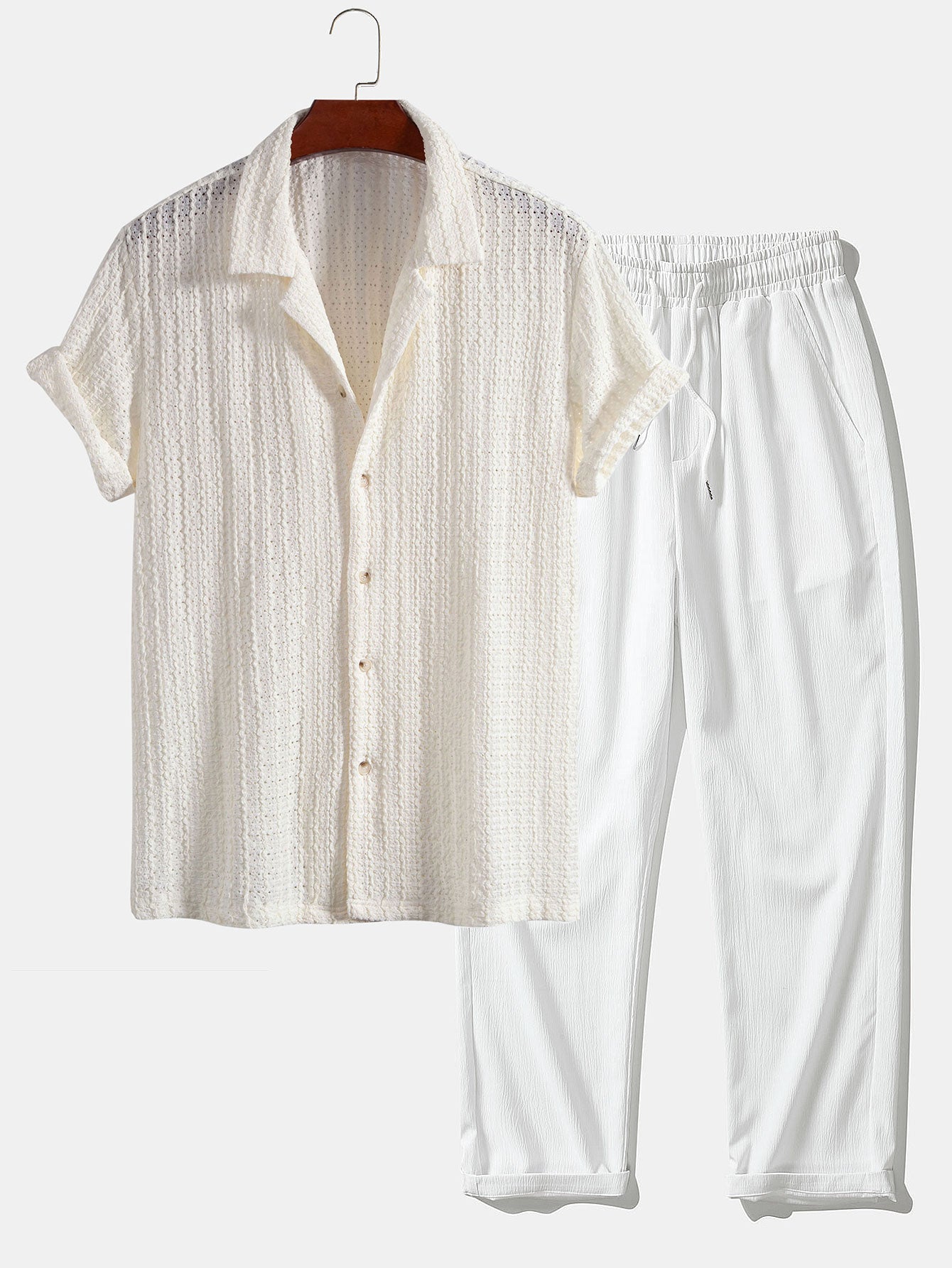 Texture Jacquard Cuban Shirt & Crinkle Textured Straight Leg Pants