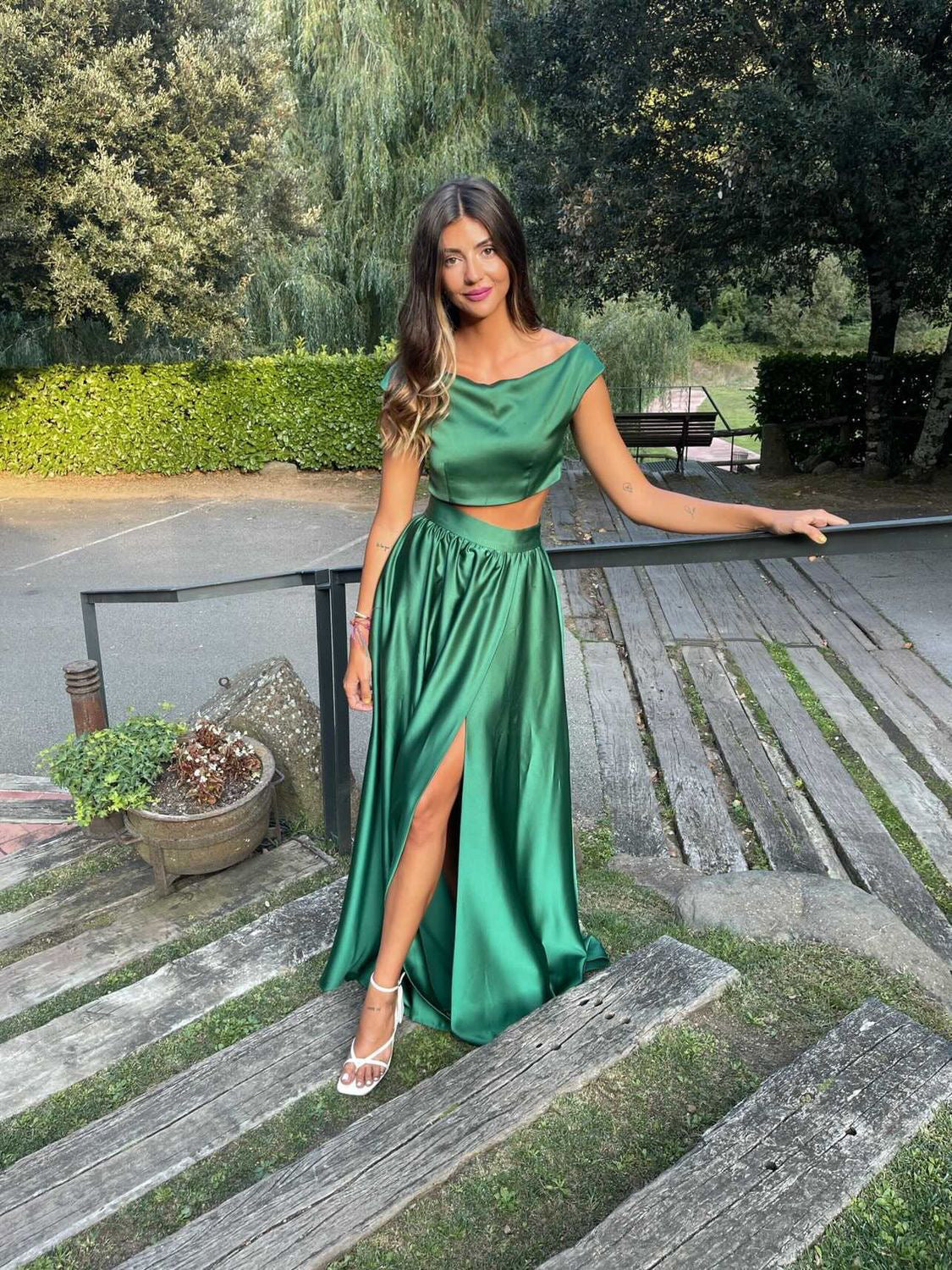 Green Crepe Maxi Skirt