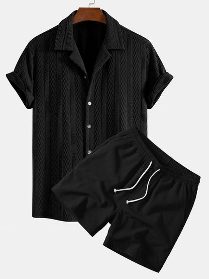 Texture Jacquard Cuban Shirt & Crinkle Textured Drawstring 5" Shorts