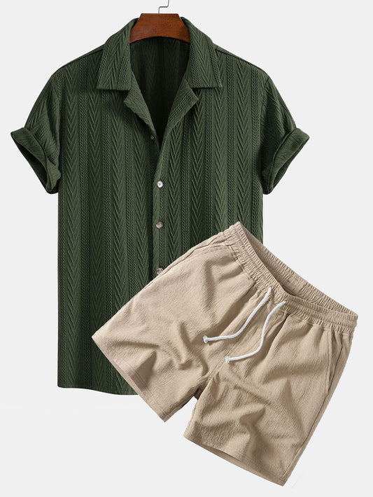 Texture Jacquard Cuban Shirt & Crinkle Textured Drawstring 5" Shorts