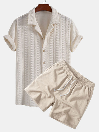 Texture Jacquard Cuban Shirt & Crinkle Textured Drawstring 5" Shorts