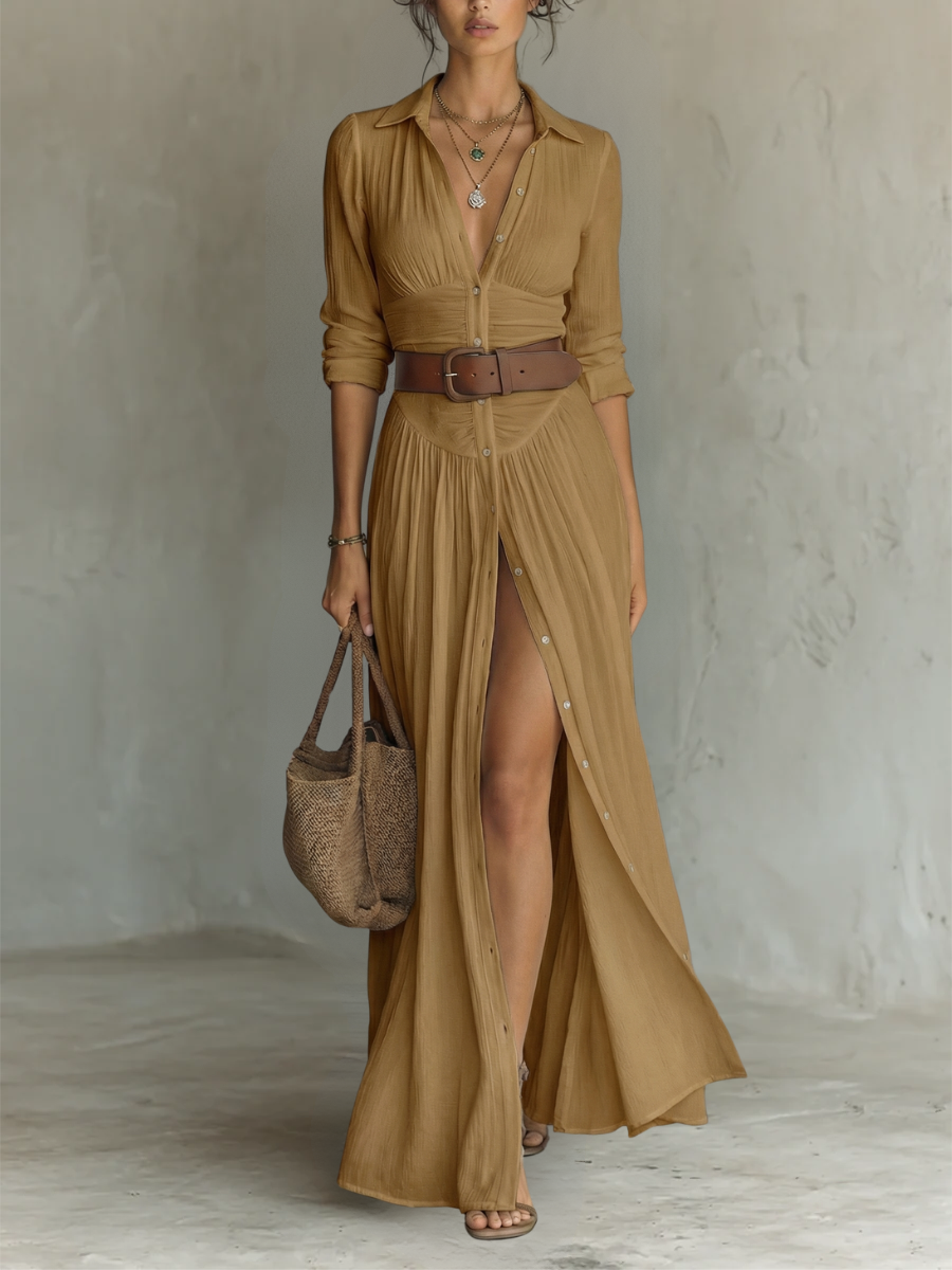 Women's Lapel Long Sleeve Linen Cotton Maxi Dress