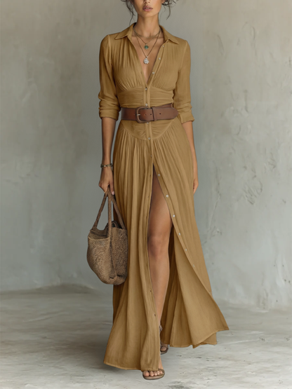 Women's Lapel Long Sleeve Linen Cotton Maxi Dress
