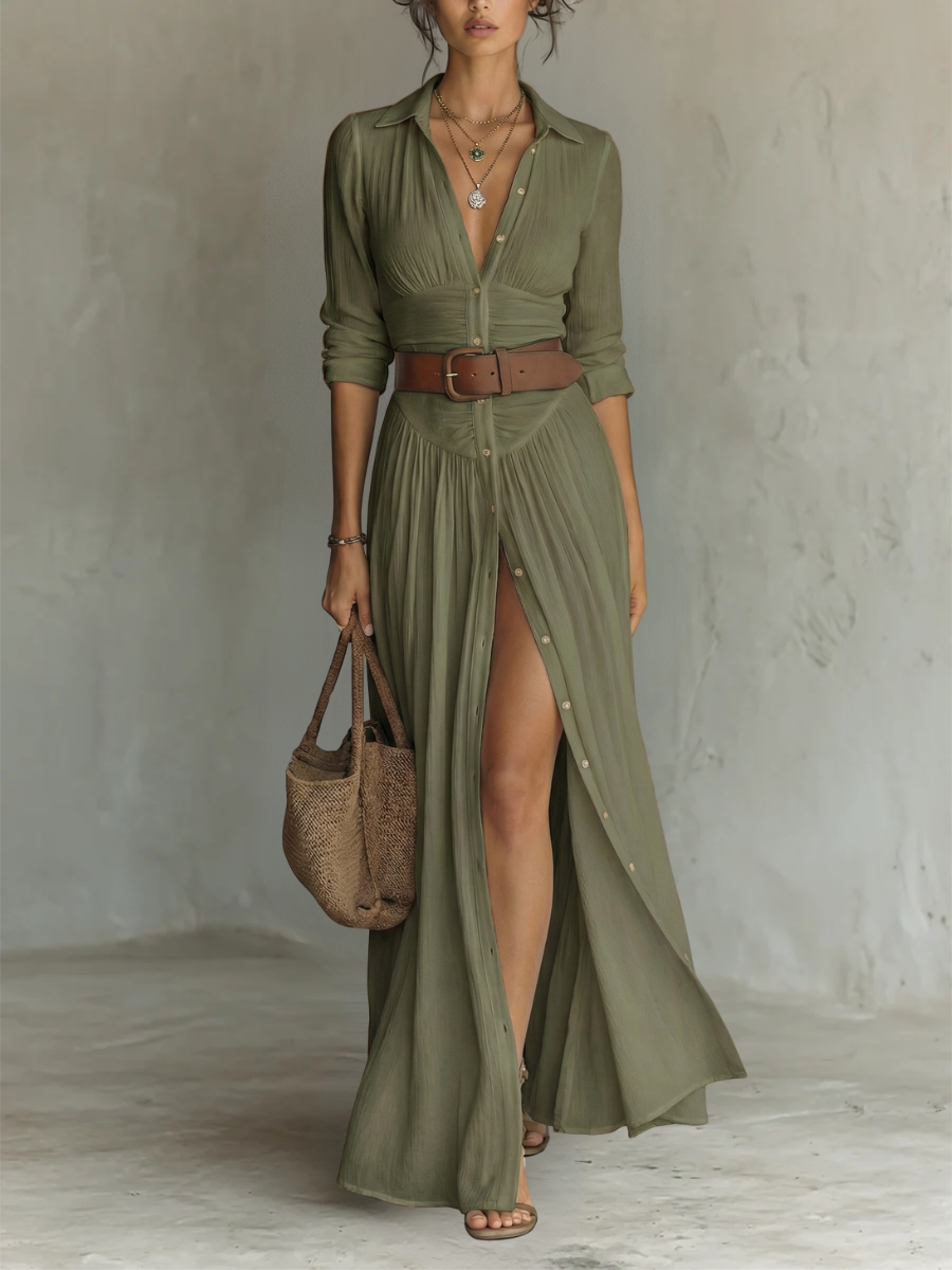 Women's Lapel Long Sleeve Linen Cotton Maxi Dress