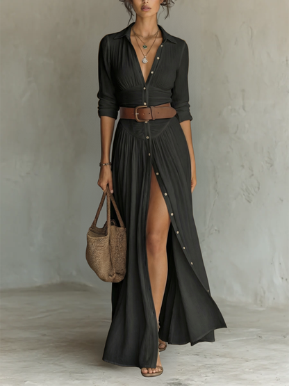 Women's Lapel Long Sleeve Linen Cotton Maxi Dress