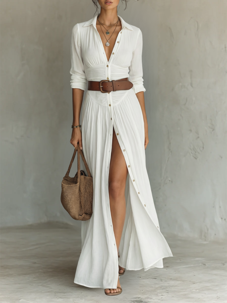 Women's Lapel Long Sleeve Linen Cotton Maxi Dress