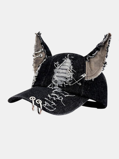Gothic Western Distressed Denim Baseball Cap With Metal Rings