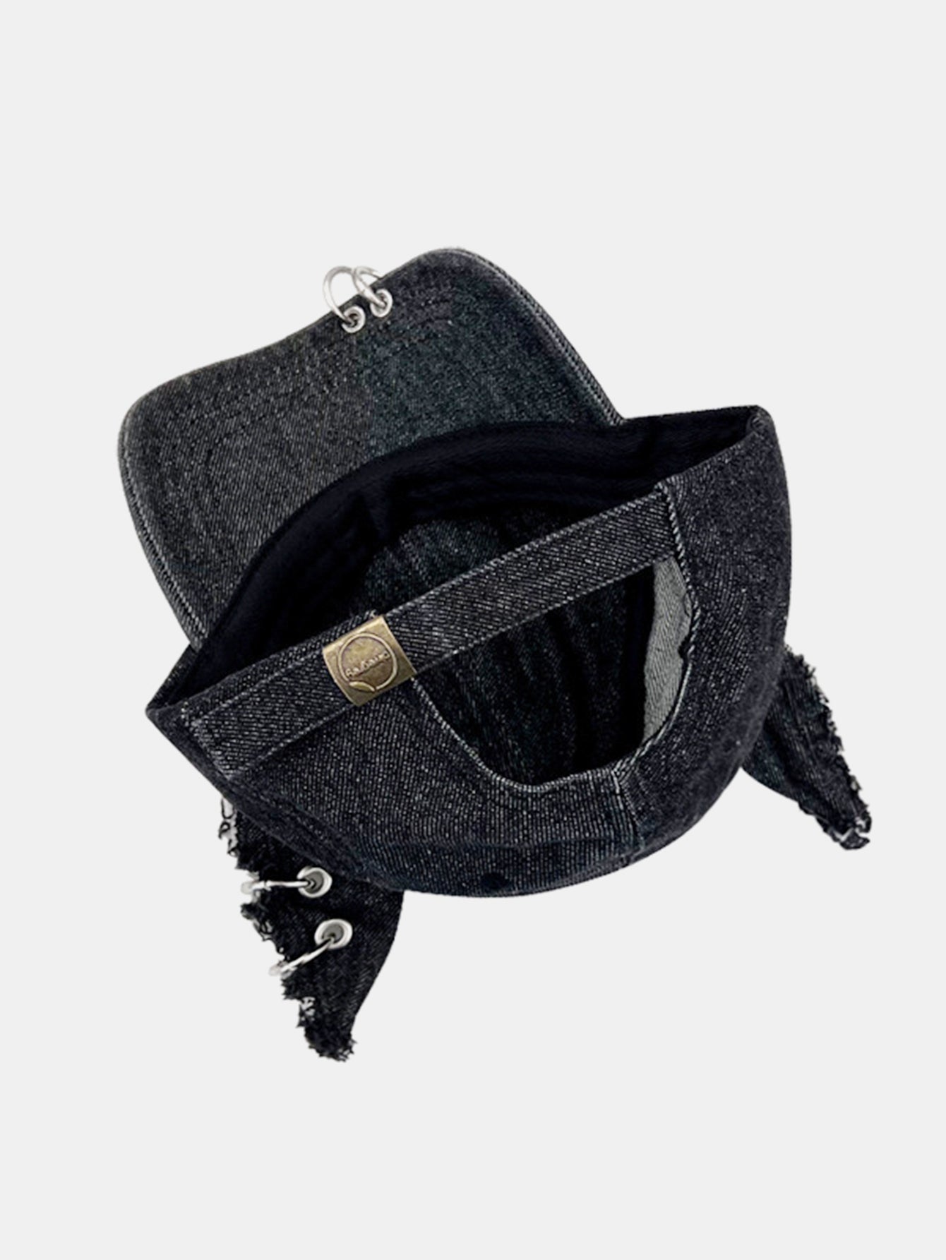 Gothic Western Distressed Denim Baseball Cap With Metal Rings