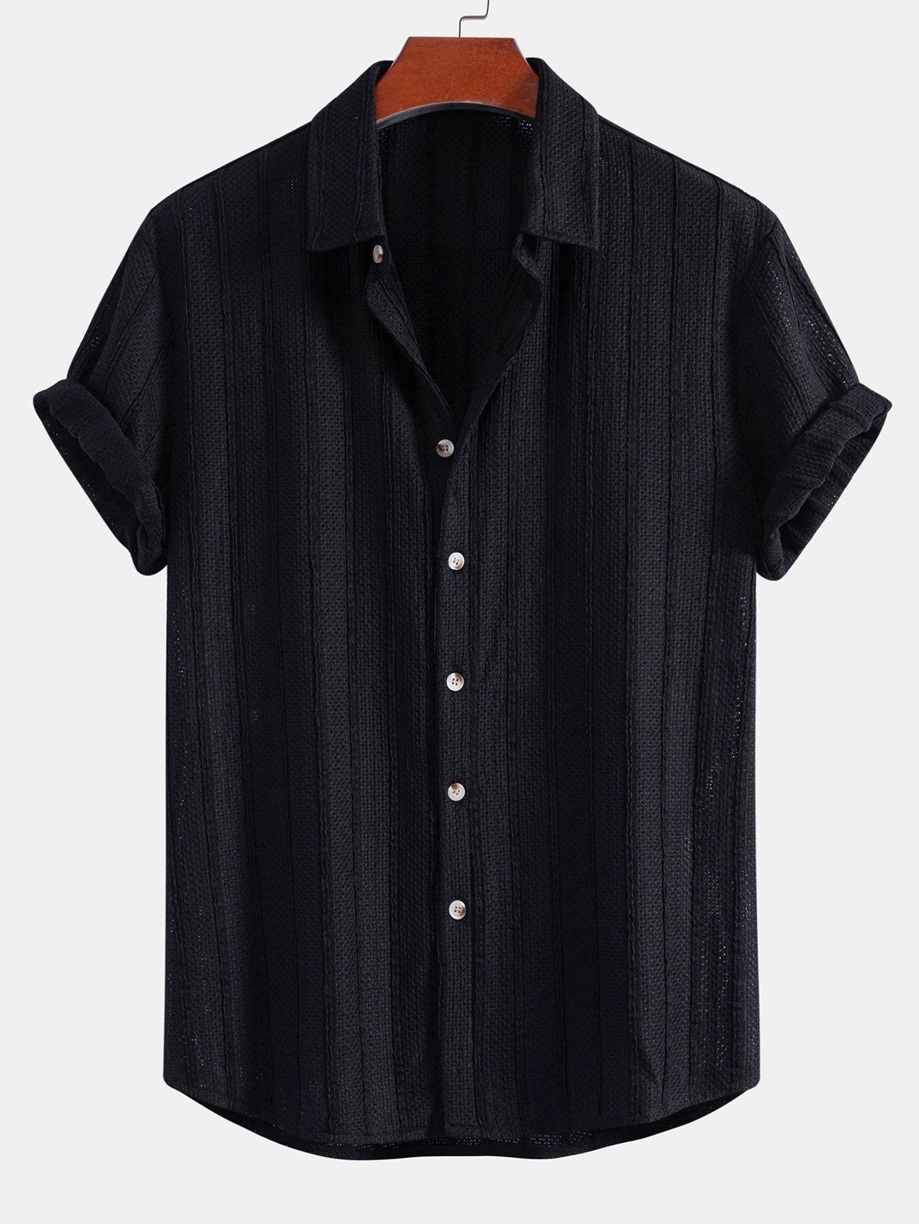 Textured Striped Button Up Shirt & Crinkle Textured Drawstring 5" Shorts