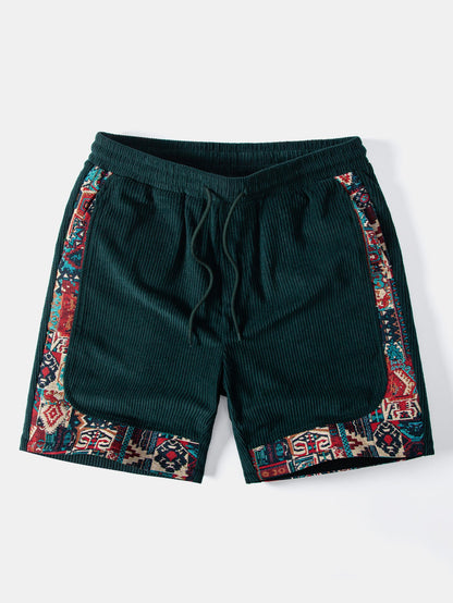 Ethnic Geometric Jacquard Patchwork Corduroy Shorts