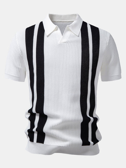 Stripe Johnny Collar Knit Polo & Drawstring Knitted Waffle Pants