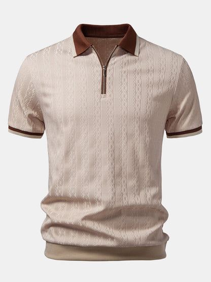 Contrast Trim Textured Zipper Knit Polo & Elastic Waist Chino Shorts