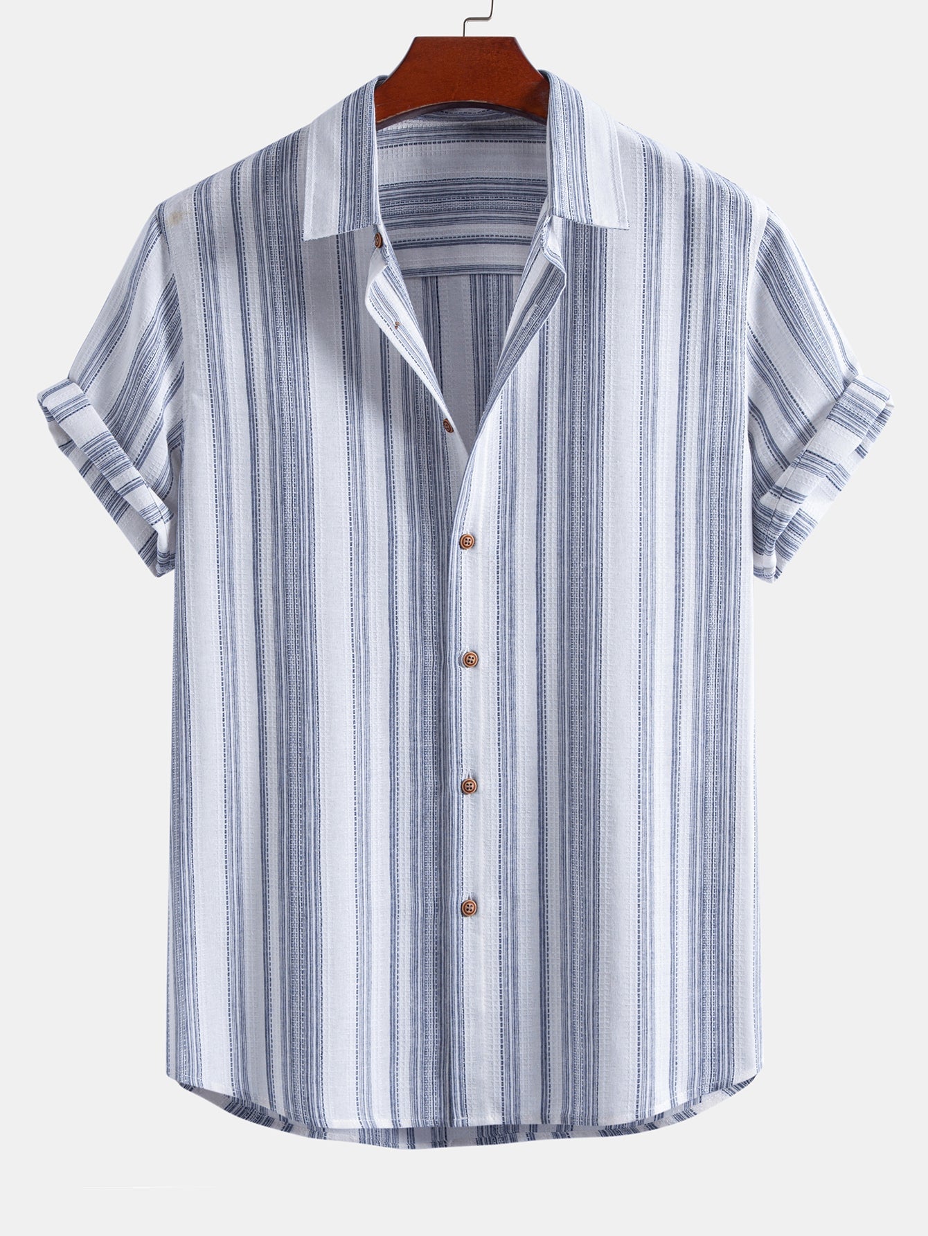 Stripe Linen Look Button Up Shirt & Crinkle Textured Drawstring 5" Shorts