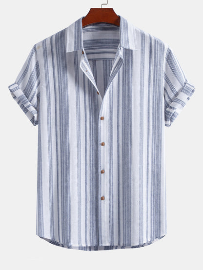 Stripe Linen Look Button Up Shirt & Crinkle Textured Drawstring 5" Shorts