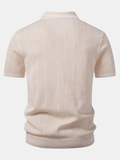 Contrast Johnny Collar Open Knit Polo