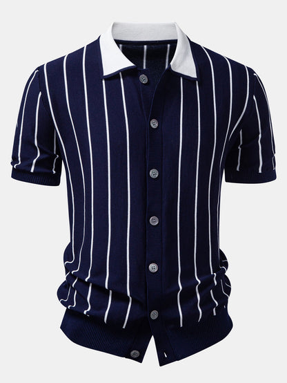 Stripe Button Up Knit Shirt & Slim Fit Tapered Trousers