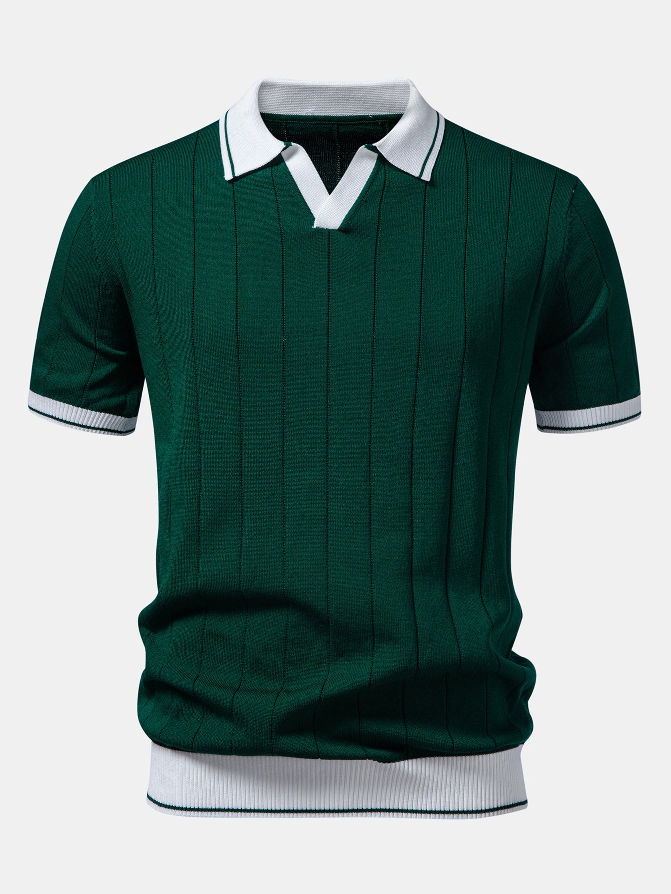 Contrast Trim Ribbed Johnny Collar Knit Polo & Elastic Waist Chino Shorts
