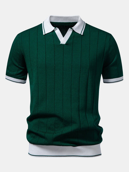 Contrast Trim Ribbed Johnny Collar Knit Polo & Elastic Waist Chino Shorts