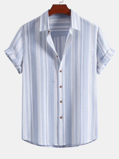 Stripe Linen Look Button Up Shirt & Crinkle Textured Drawstring 5" Shorts