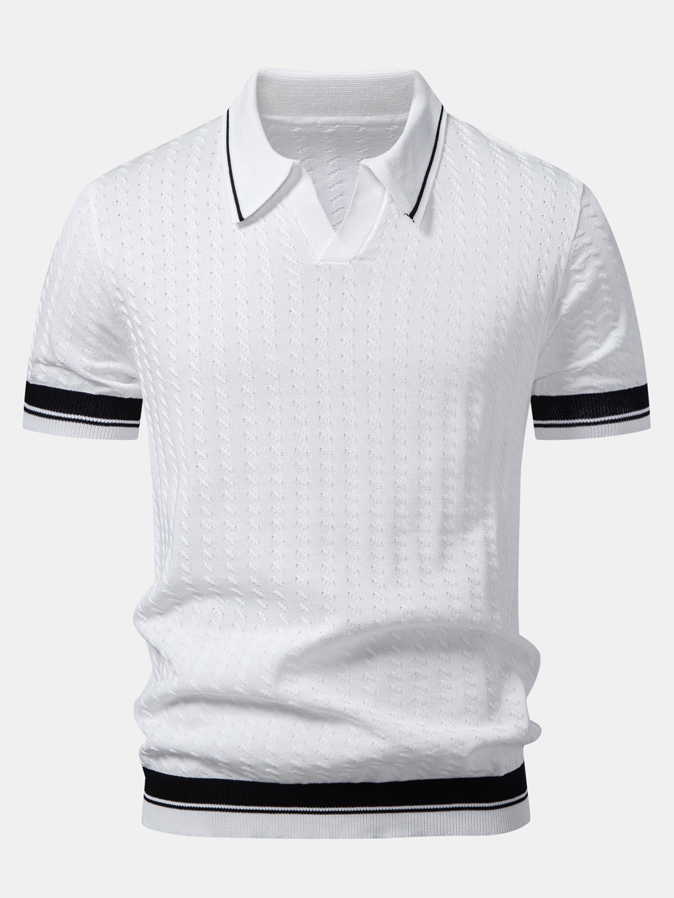 Contrast Trim Textured Johnny Collar Knit Polo