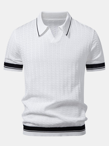 Contrast Trim Textured Johnny Collar Knit Polo
