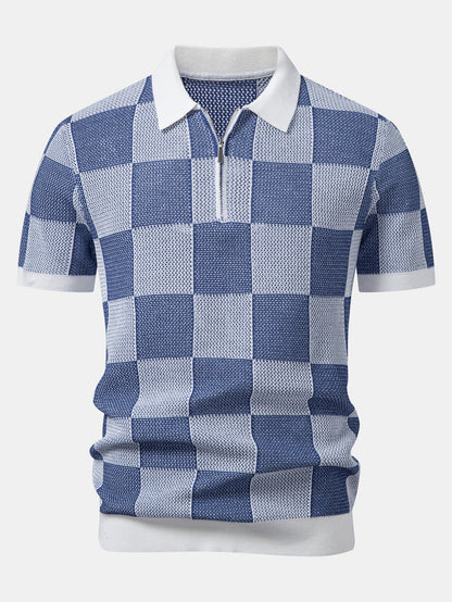 Checkerboard Crocheted Zipper Knit Polo