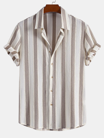 Textured Striped Button Up Shirt & Crinkle Textured Drawstring 5" Shorts