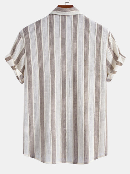 Textured Striped Button Up Shirt & Crinkle Textured Drawstring 5" Shorts