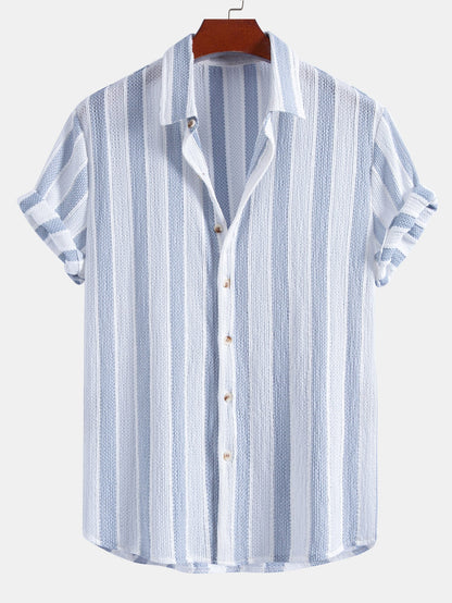 Textured Striped Button Up Shirt & Crinkle Textured Drawstring 5" Shorts