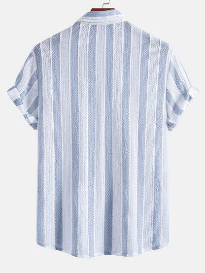 Textured Striped Button Up Shirt & Crinkle Textured Drawstring 5" Shorts